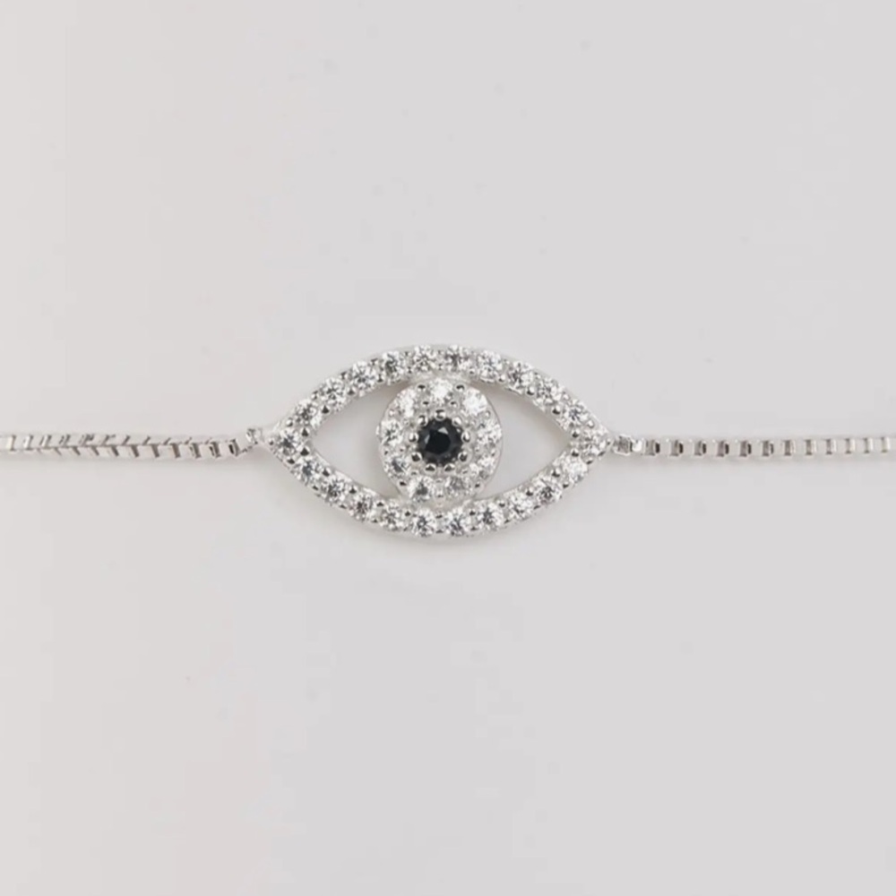 Silver Evil Eye Bracelet with Clear and Black Stones